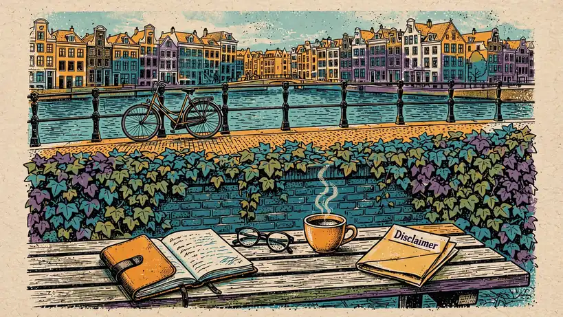 Notitieboek en disclaimer-papier op een bankje langs een Amsterdamse gracht